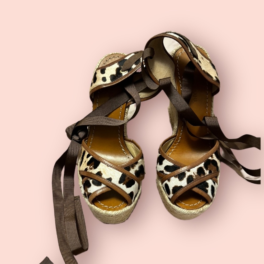 Leopard Print Espadrille Wedge Sandals with Brown Ribbon